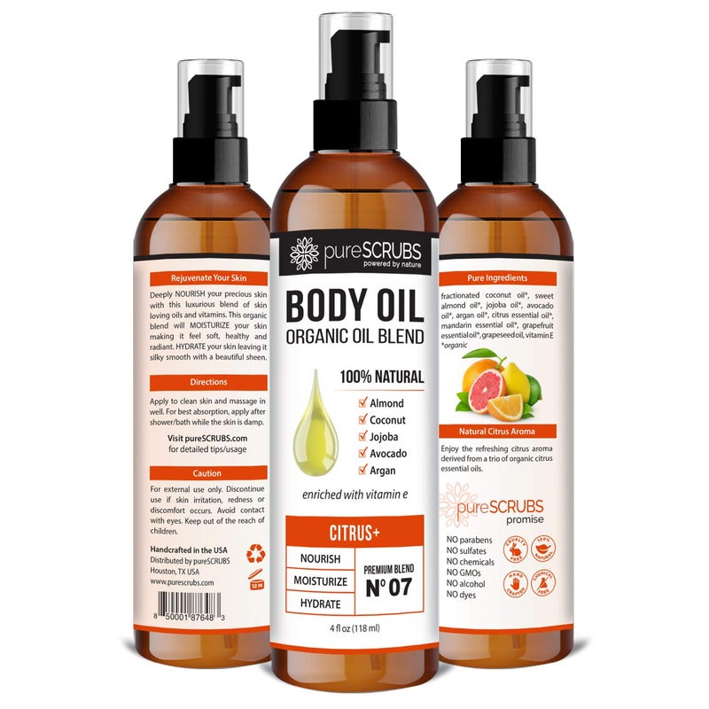 pureSCRUBS Ultra Moisturizing Citrus+ Body Oil Spray for Dry Skin, Massage, Cuticles & More Organic Super Blend of Jojoba, Argan, Coconut, Sweet Almond & Avocado Oils Enriched with Vitamin E, Lg 4oz - Image 2