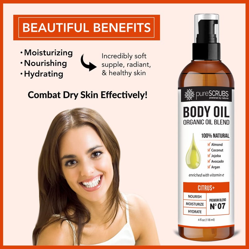 pureSCRUBS Ultra Moisturizing Citrus+ Body Oil Spray for Dry Skin, Massage, Cuticles & More Organic Super Blend of Jojoba, Argan, Coconut, Sweet Almond & Avocado Oils Enriched with Vitamin E, Lg 4oz - Image 3