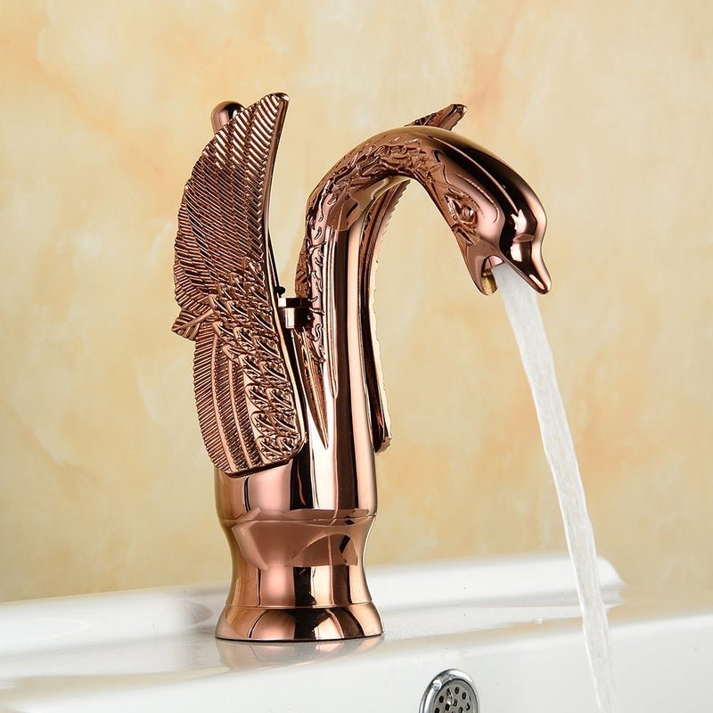 SANQUE Brass Swan Shape Bathroom Basin Single Lever Wash Basin Mixer Tap Single Handle Hot Cold Basin Faucet for Living Room Bathroom Rosegold Tap Short Body - Image 2