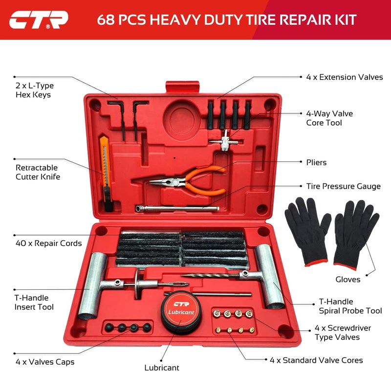 CTR Heavy Duty Tire Plug Kit - 68pcs All-in-One Universal Tire Repair Kit with Plugs, Professional Tools for Tubeless Tyre Flats for Cars, Truck, RV, SUV, ATV, Motorcycle, Tractor, Trailer - GE0001 - Image 2
