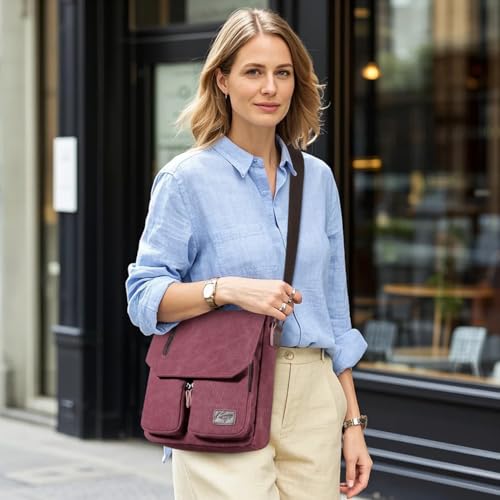 Kasqo Small Messenger Bag for Men, Vintage Canvas Crossbody Shoulder Bags for Women, Anti-Theft Purse for Travel Work Wine Red - Image 2