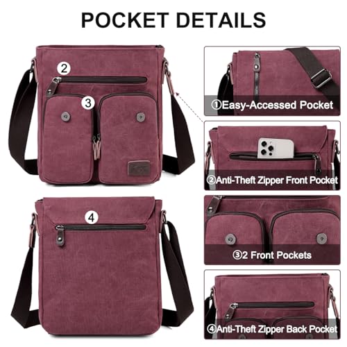 Kasqo Small Messenger Bag for Men, Vintage Canvas Crossbody Shoulder Bags for Women, Anti-Theft Purse for Travel Work Wine Red - Image 5