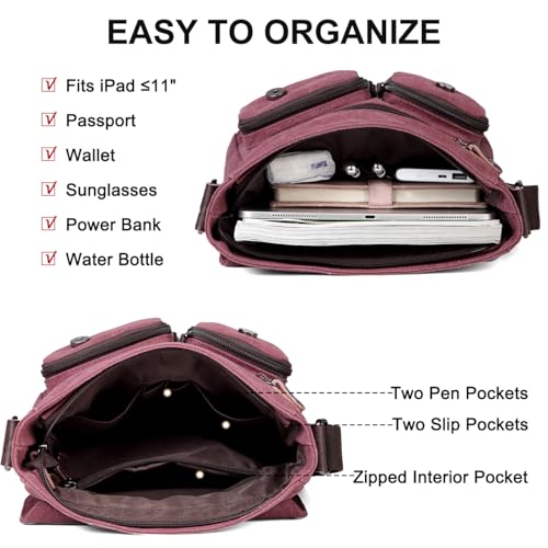 Kasqo Small Messenger Bag for Men, Vintage Canvas Crossbody Shoulder Bags for Women, Anti-Theft Purse for Travel Work Wine Red - Image 4