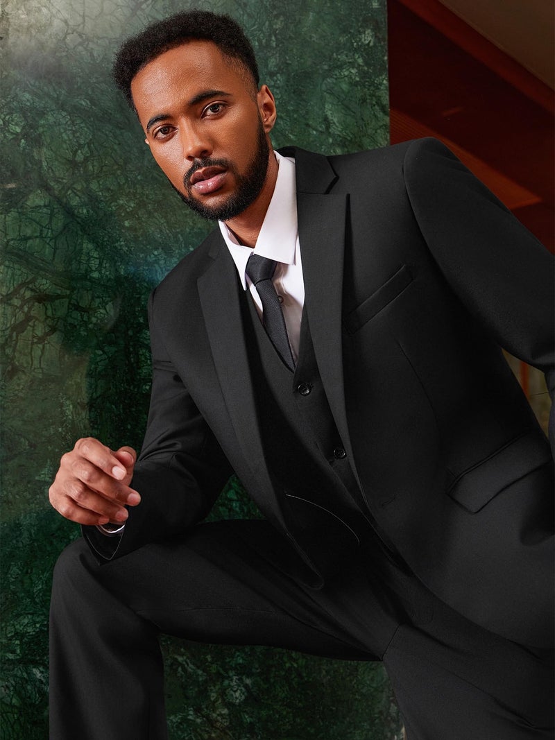 MAGE MALE Men's 3 Pieces Suit Elegant Solid One Button Slim Fit Single Breasted Party Blazer Vest Pants Set. Brilliant Black - Image 4