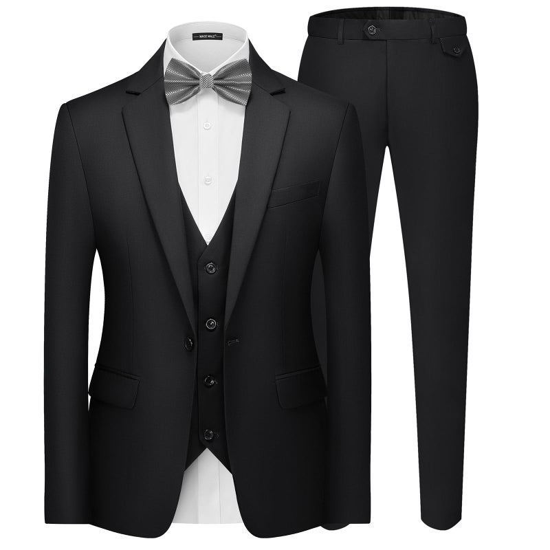 MAGE MALE Men's 3 Pieces Suit Elegant Solid One Button Slim Fit Single Breasted Party Blazer Vest Pants Set. Brilliant Black - Image 1