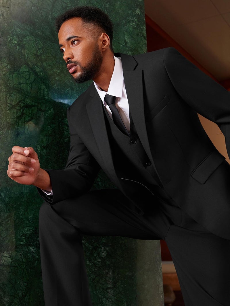 MAGE MALE Men's 3 Pieces Suit Elegant Solid One Button Slim Fit Single Breasted Party Blazer Vest Pants Set. Brilliant Black - Image 3