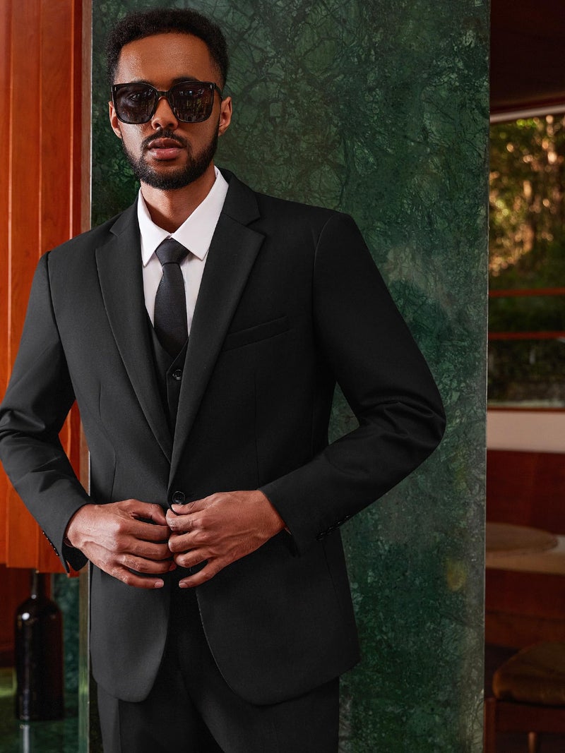 MAGE MALE Men's 3 Pieces Suit Elegant Solid One Button Slim Fit Single Breasted Party Blazer Vest Pants Set. Brilliant Black - Image 5