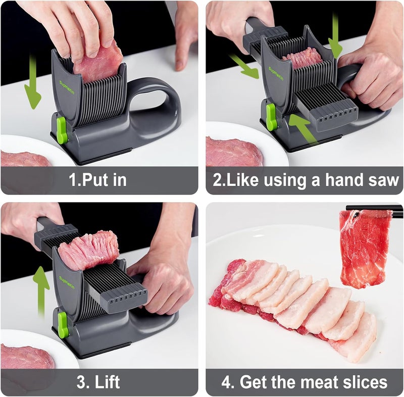SupMaKin Fresh Meat Slicer, Thickness Adjustable 2 or 4 mm, 17 IN 1 Stainless Steel Manual Meat Cutter, Cleaver Kitchen Knife, Jerky Slicer Suit for Chicken Breast Beef Pork (With SteadyGrip) - Image 2