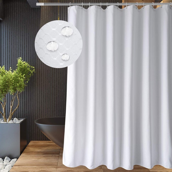 EXTRA LONG WHITE WAFFLE WEAVE SHOWER CURTAIN 72 X 96 INCH LONG LENGTH HEAVY WEIGHTED LUXURY HOTEL QUALITY WATER REPELLENT FABRIC SHOWER CURTAIN FOR BATHROOM BATHTUB