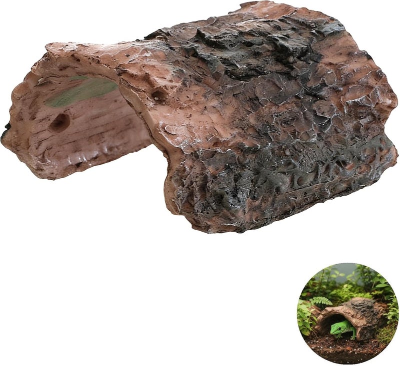 زينة للزواحف، غطاء من الراتنج لحوض الزواحف مناسب للعناكب الصغيرة، السحالي، الضفادع ذات القرون، الثعابين، يحاكي جذع شجرة وكهفًا، أبعاده 3.9 × 3.3 × 2.6 بوصة - Image 5