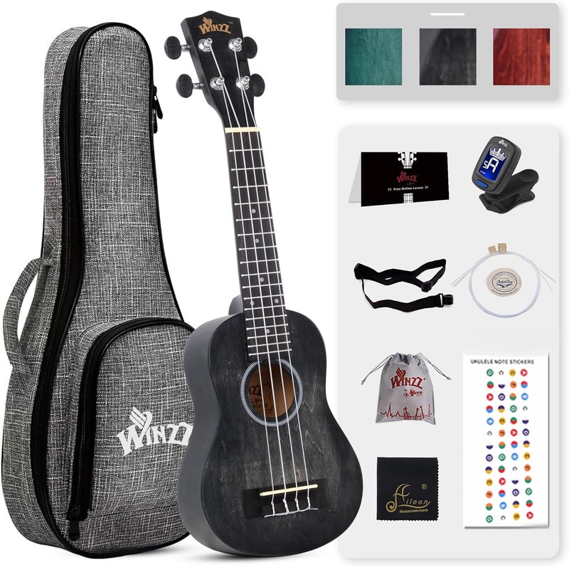 Winzz HAND RUBBED Series - 21 Inches Soprano Ukulele Vintage Hawaiian Uke with Online Lessons, Bag, Tuner, Strap, Extra Strings, Fingerboard Sticker, Black - Image 1