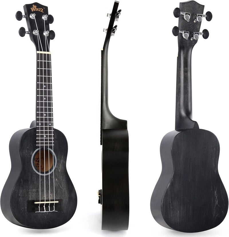 Winzz HAND RUBBED Series - 21 Inches Soprano Ukulele Vintage Hawaiian Uke with Online Lessons, Bag, Tuner, Strap, Extra Strings, Fingerboard Sticker, Black - Image 4