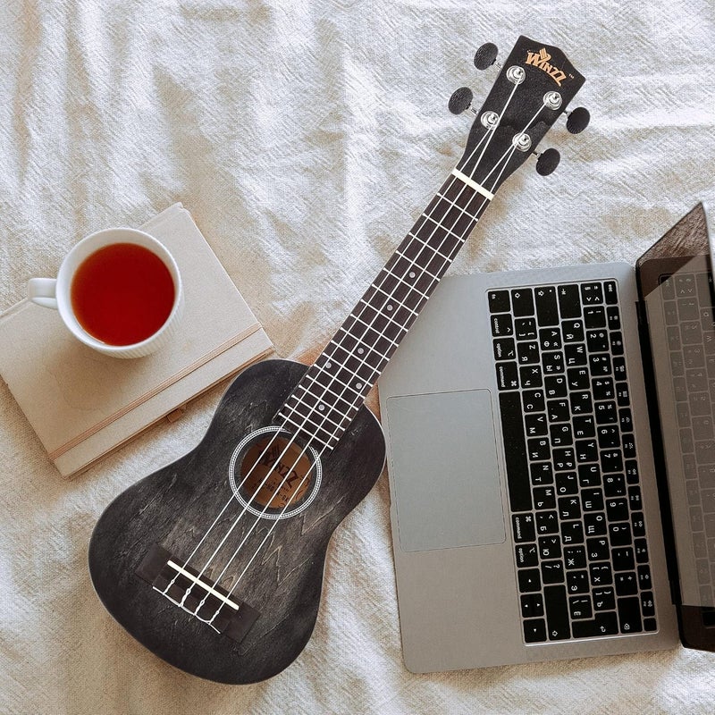 Winzz HAND RUBBED Series - 21 Inches Soprano Ukulele Vintage Hawaiian Uke with Online Lessons, Bag, Tuner, Strap, Extra Strings, Fingerboard Sticker, Black - Image 3