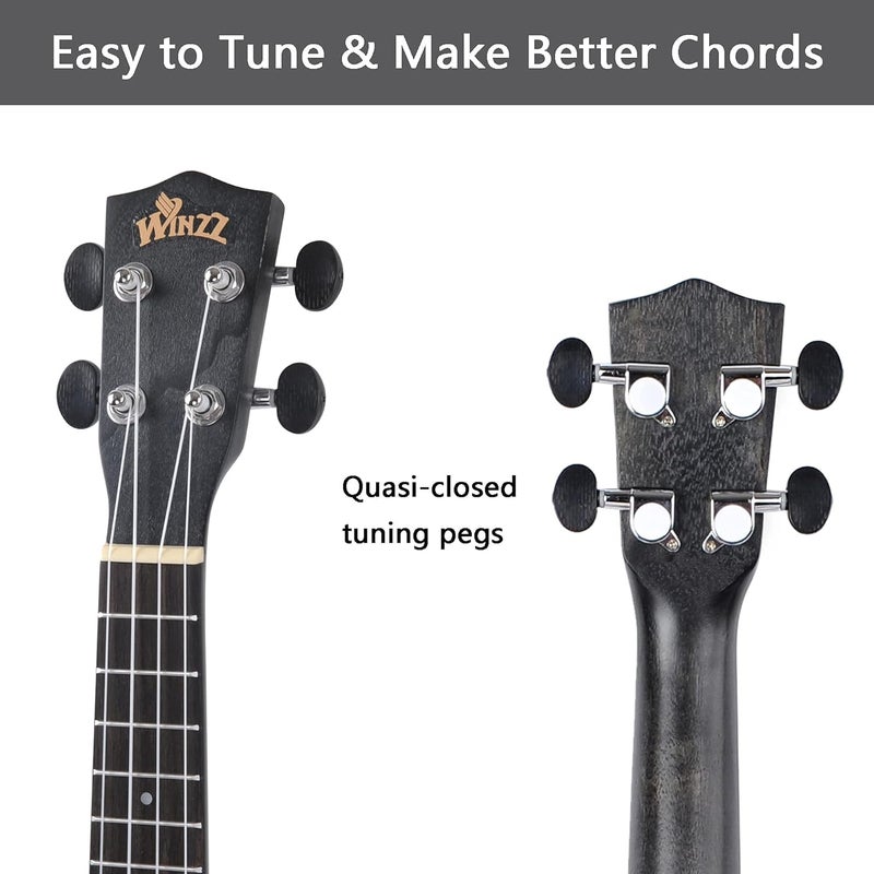 Winzz HAND RUBBED Series - 21 Inches Soprano Ukulele Vintage Hawaiian Uke with Online Lessons, Bag, Tuner, Strap, Extra Strings, Fingerboard Sticker, Black - Image 5