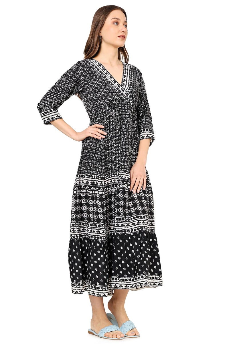 Yash Gallery Women's Polyester Geometric V-Neck 3/4 Sleeve Calf Length Floral Tiere Dress (Black) - Image 2