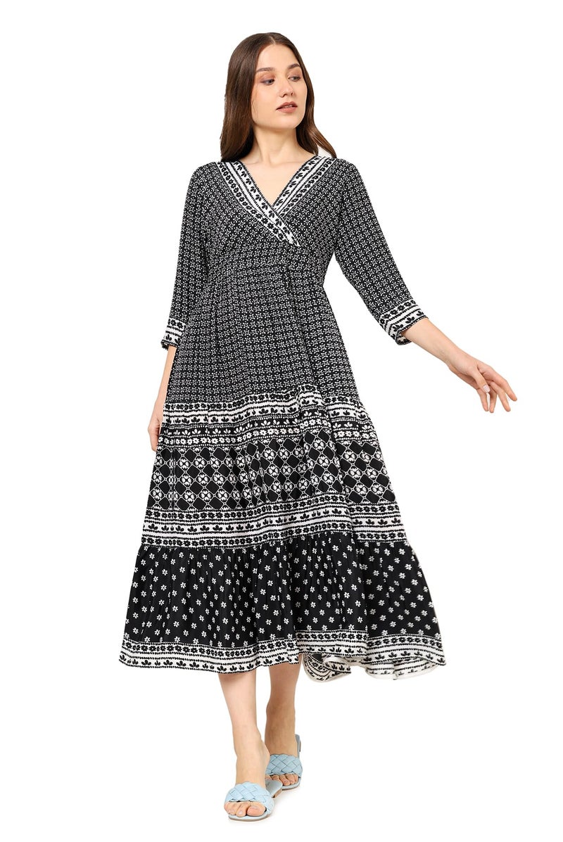 Yash Gallery Women's Polyester Geometric V-Neck 3/4 Sleeve Calf Length Floral Tiere Dress (Black) - Image 1
