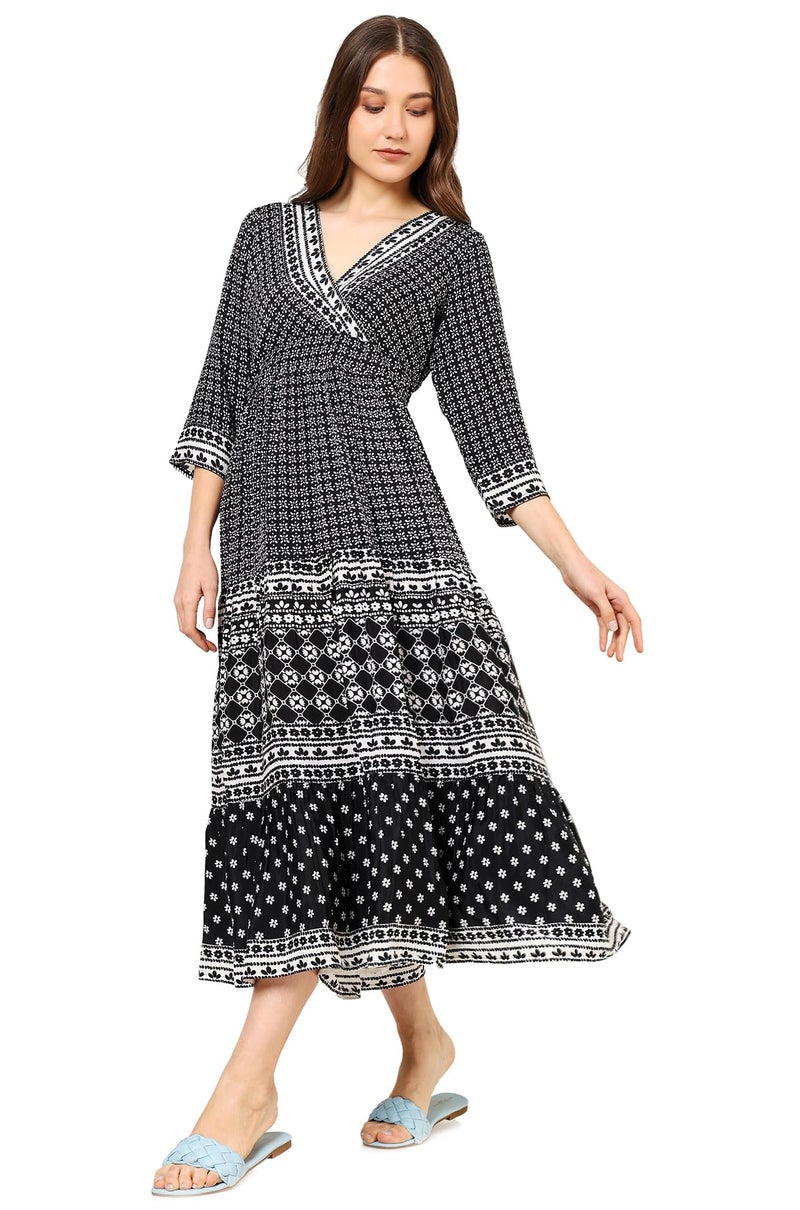 Yash Gallery Women's Polyester Geometric V-Neck 3/4 Sleeve Calf Length Floral Tiere Dress (Black) - Image 3