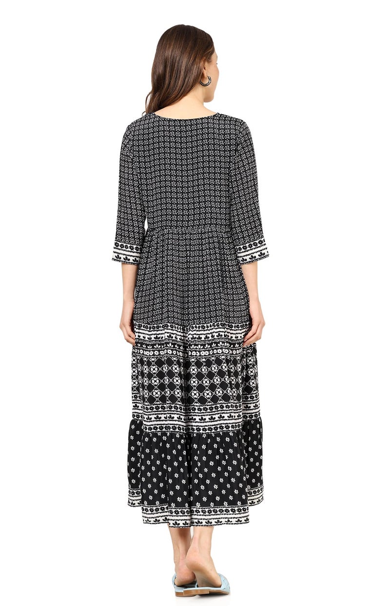 Yash Gallery Women's Polyester Geometric V-Neck 3/4 Sleeve Calf Length Floral Tiere Dress (Black) - Image 4