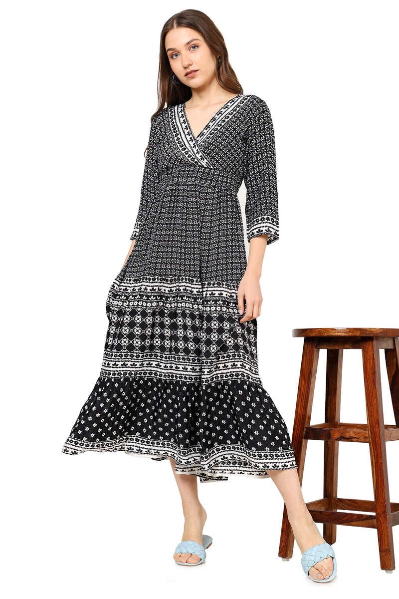Yash Gallery Women's Polyester Geometric V-Neck 3/4 Sleeve Calf Length Floral Tiere Dress (Black) - Image 5