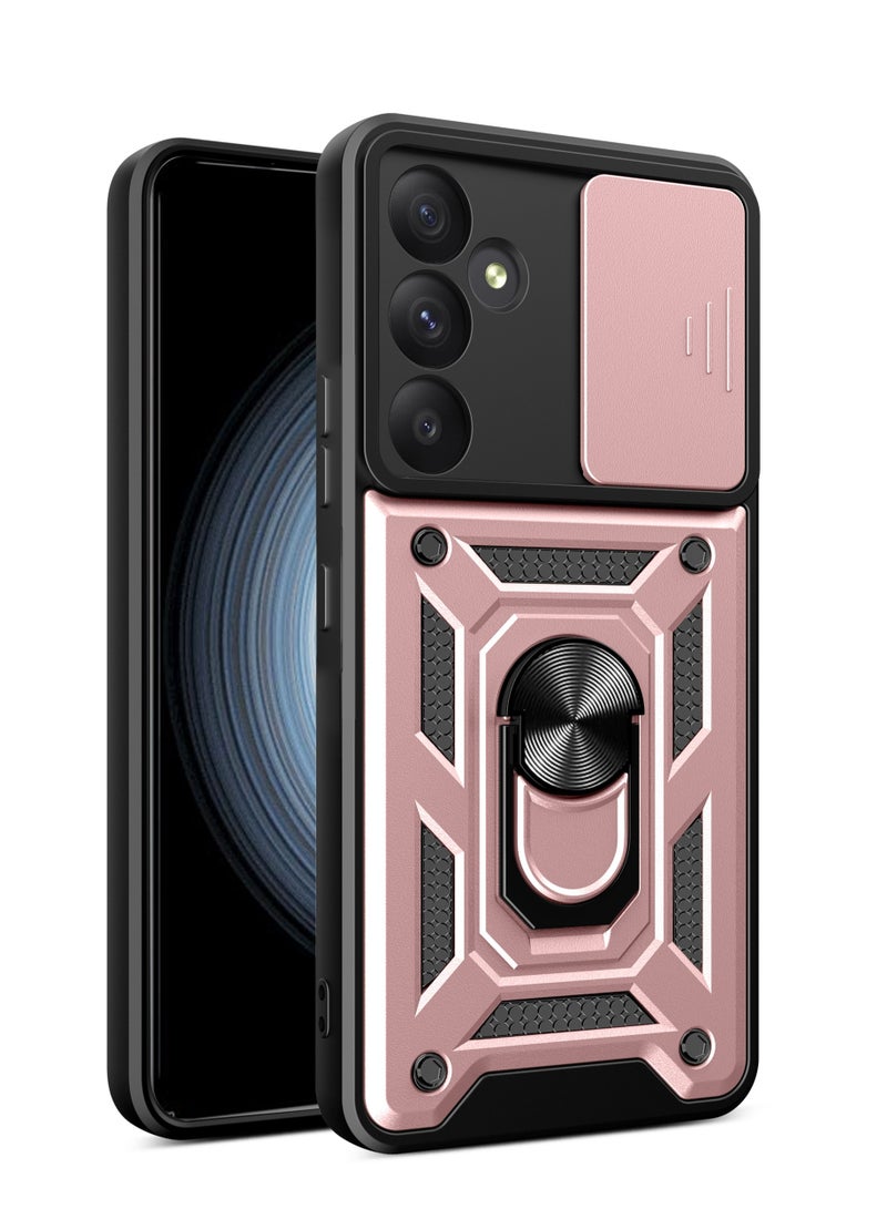 Shunjia Sliding Window Case, Shockproof Rugged Armor with Sliding Camera Cover & 360° Ring Kickstand, Compatible with Samsung Galaxy A35 (Rose Gold)