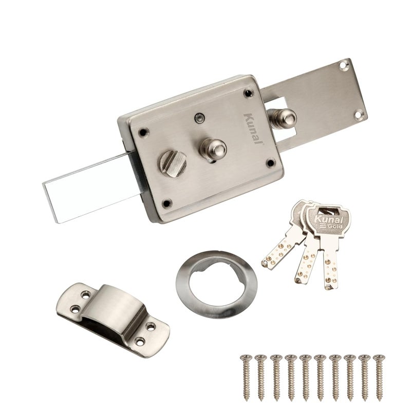 Kunal Inter Lock Main Door | Office Door | Bed Room | Living Room Door Heavy Duty 6 Turn Lock with Locking Knob 3 Brass Ultra Keys Material - SS Finish - SS (Pack -1) (6 Turn) - Image 2