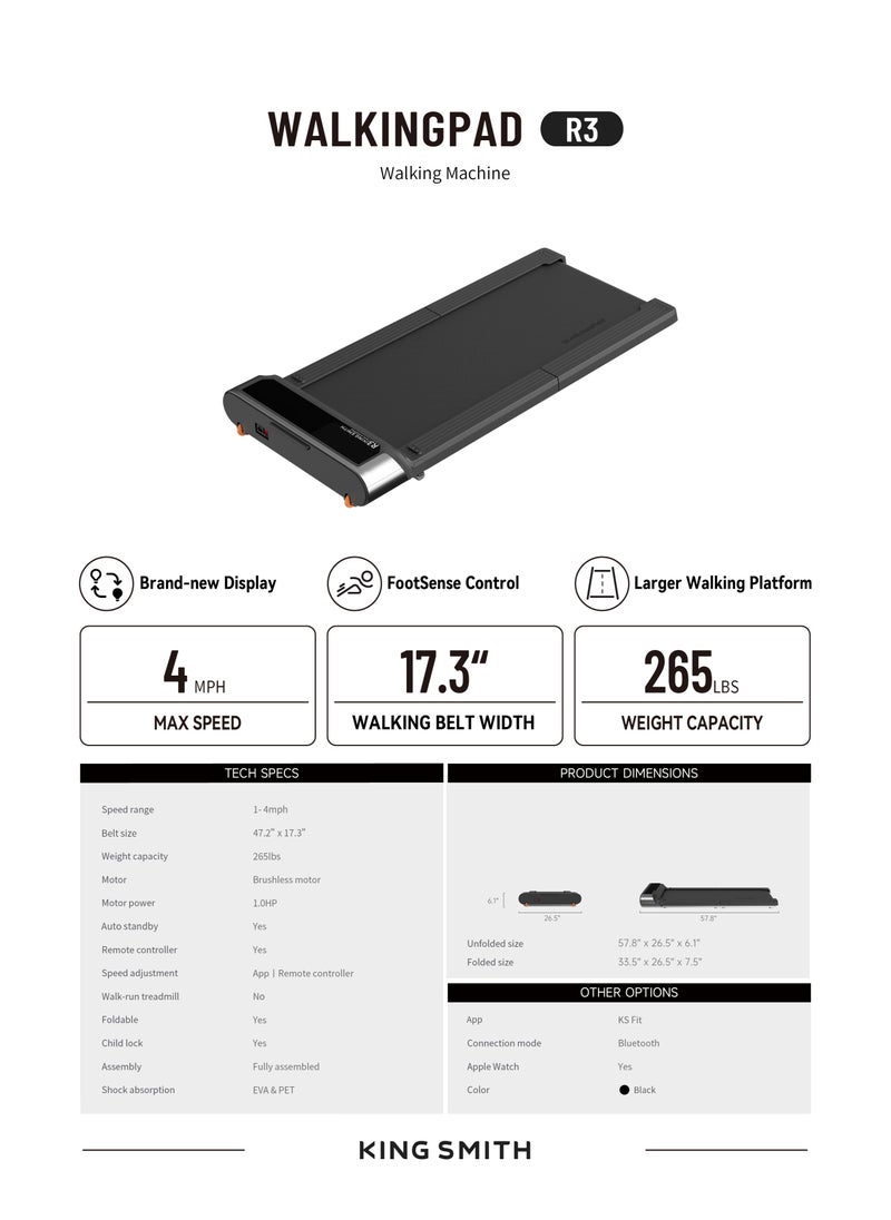 WP440F4 Kingsmith WalkingPad Black R3 | Brush 1 HP 735W motor | 1-6 km/h speed | upto 120kg user weight | Time, speed, distance, calories, steps panel display | Black - pzsku/ZB3D32D79F4D13BC33524Z/45/_/1737705587/a7a0c7e1-f08c-4ae4-ac5c-e8304c235a33