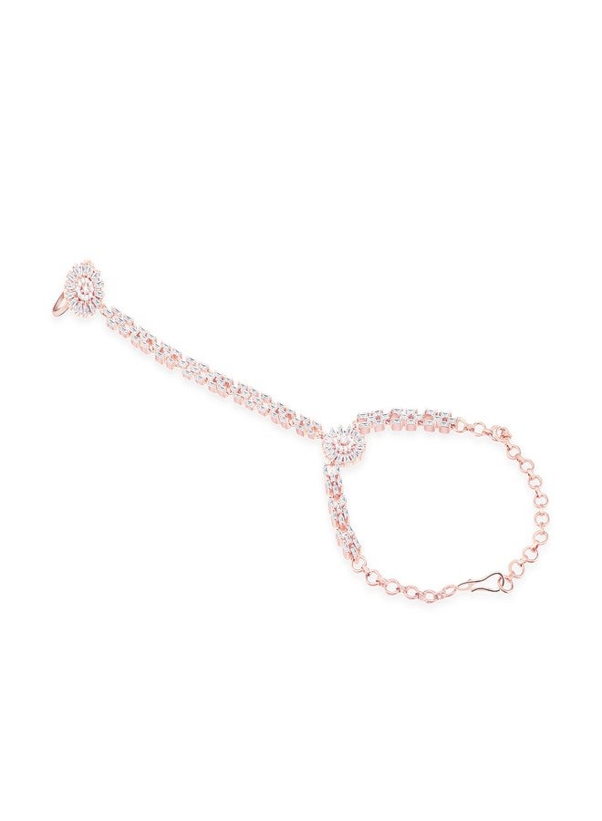 TANAIRA Rose Gold Cubic Zirconia Studded Ad Fashionable Hathphool | Pearls & Kundan Dazzling Ring with Bracelet - Image 1