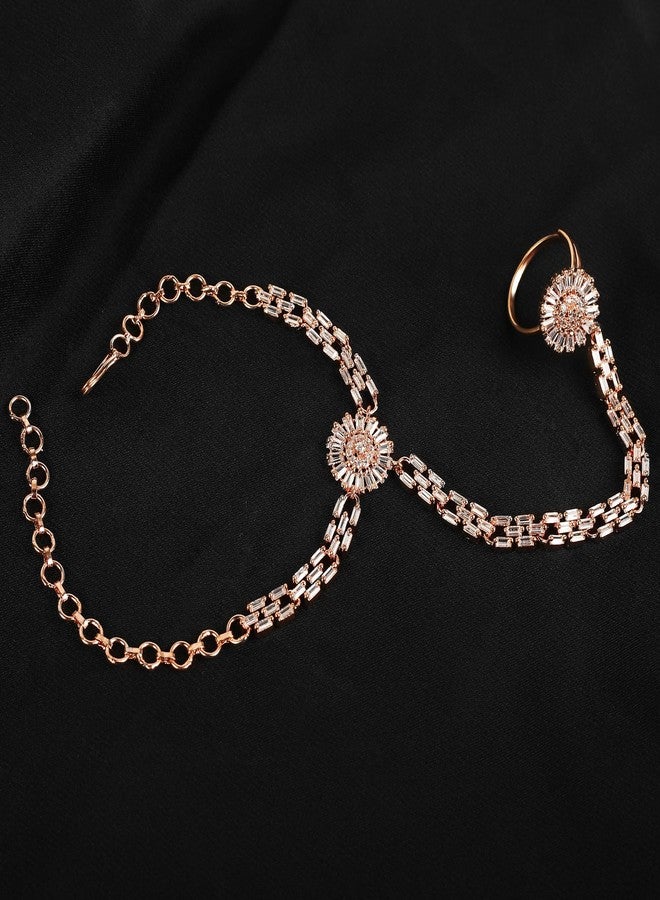 TANAIRA Rose Gold Cubic Zirconia Studded Ad Fashionable Hathphool | Pearls & Kundan Dazzling Ring with Bracelet - Image 4