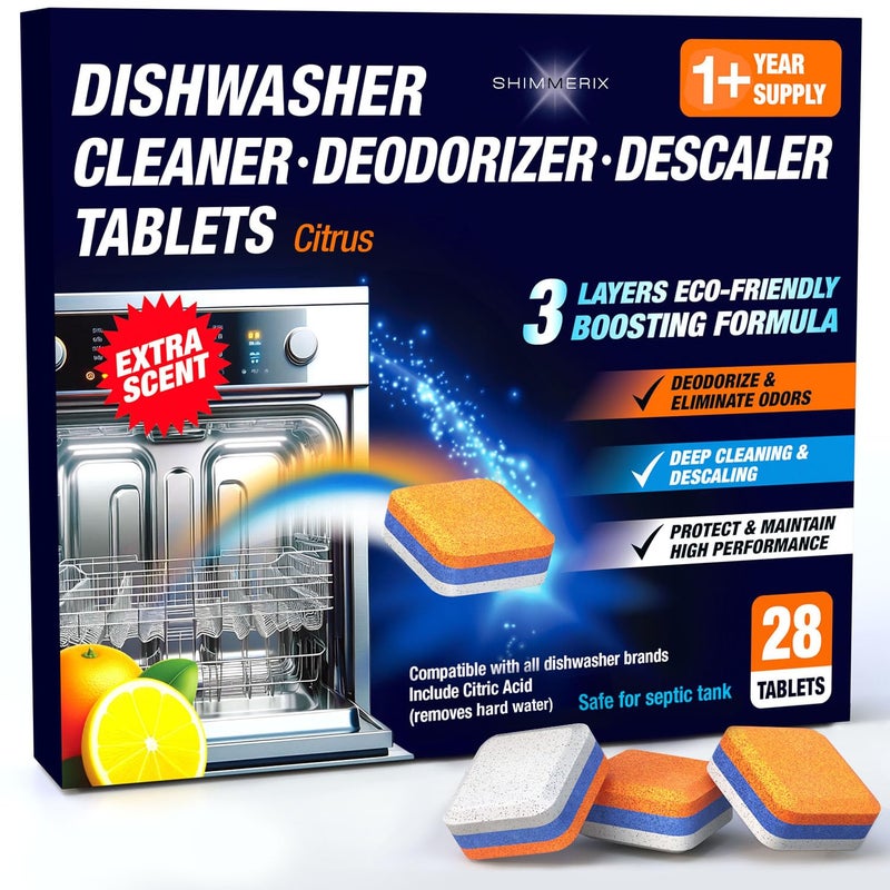 Dishwasher Cleaner Deodorizer Descaler Tablets - 28 Tabs - 1 Plus Year Supply - Extra Scented Deep Cleaning Sanitizer Pods - Remove Hard Water - Contain Citric Acid Heavy Duty Septic Safe - Citrus - Image 1