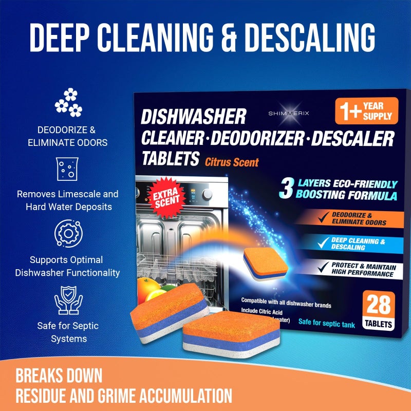 Dishwasher Cleaner Deodorizer Descaler Tablets - 28 Tabs - 1 Plus Year Supply - Extra Scented Deep Cleaning Sanitizer Pods - Remove Hard Water - Contain Citric Acid Heavy Duty Septic Safe - Citrus - Image 3