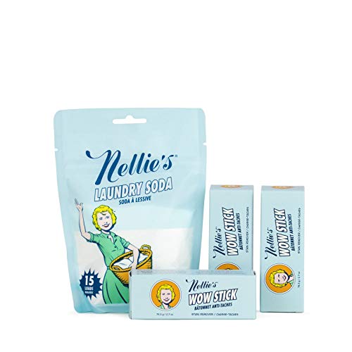 Nellie's حزمة مزيل البقع نيللي WOW تشمل 3 عصي مزيل للبقع و15 عبوة صودا غسيل تزيل الروائح والبقع من الملابس مسحوق منظف منخفض البقايا للآلات العادية وHE - Image 2