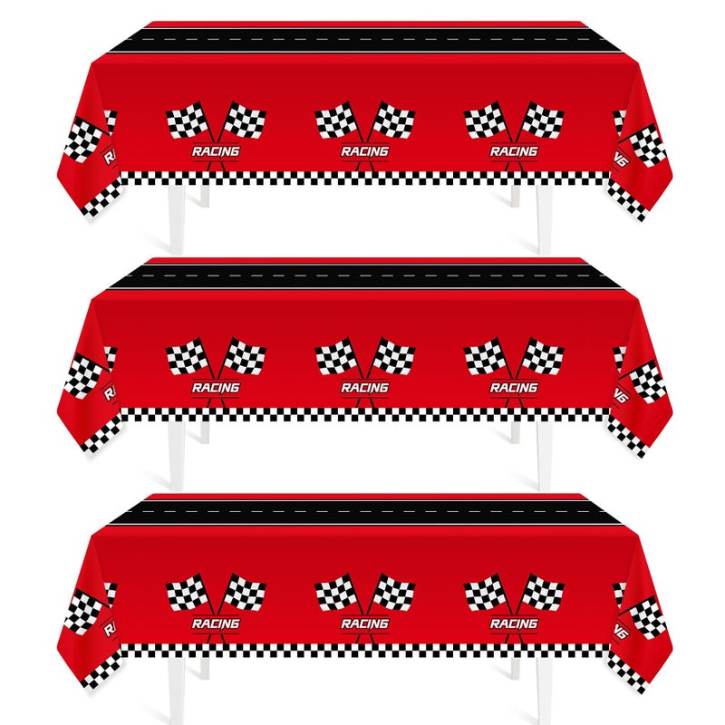 Childom 3Pcs Racing Car Plastic Tablecloth, Race Birthday Party Decorations, 54'' x 108'' Checkered Table Cloth Decor, Favors Rectangular Tablecloth for Boys Baby Shower Home - Image 1