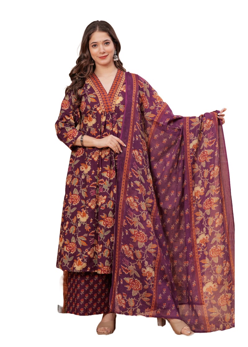 MEERA FAB Women Cotton Blend Anarkali Printed Kurta with Palazzo & Dupatta, Purple, Large - Image 1