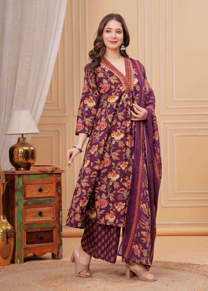 MEERA FAB Women Cotton Blend Anarkali Printed Kurta with Palazzo & Dupatta, Purple, Large - Image 5