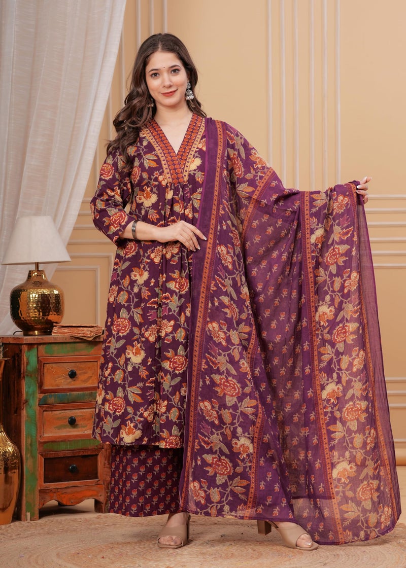 MEERA FAB Women Cotton Blend Anarkali Printed Kurta with Palazzo & Dupatta, Purple, Large - Image 2