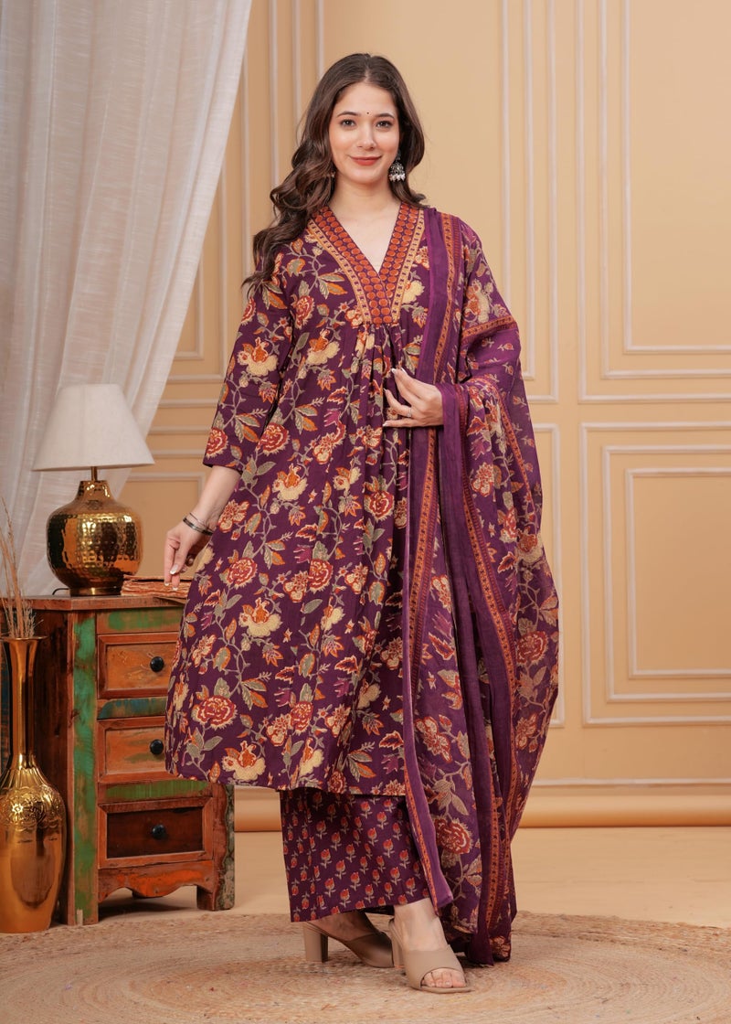 MEERA FAB Women Cotton Blend Anarkali Printed Kurta with Palazzo & Dupatta, Purple, Large - Image 3