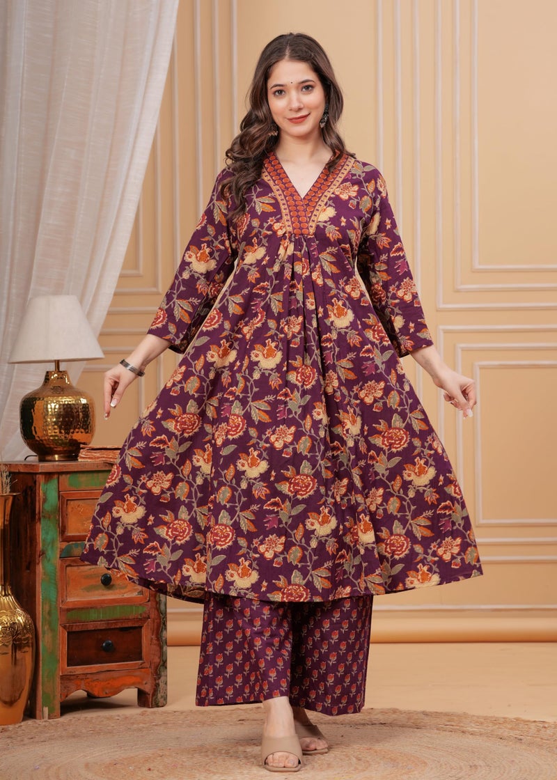 MEERA FAB Women Cotton Blend Anarkali Printed Kurta with Palazzo & Dupatta, Purple, Large - Image 4