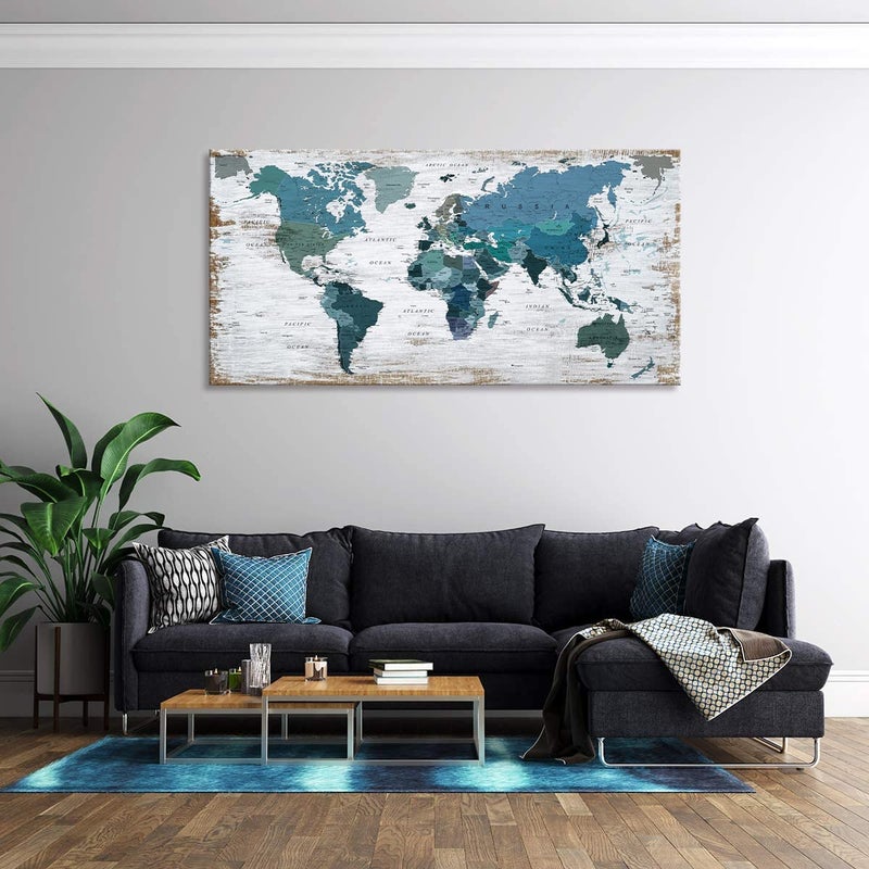 ZEYDRT Teal Decor World Map Canvas Wall Art Pictures for Living Room Decoration Blue Wall Decor Office World Map Art Map of the world Picture Framed Artwork for Home Bedroom Decoration 20"x40" - Image 4
