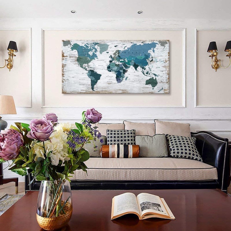 ZEYDRT Teal Decor World Map Canvas Wall Art Pictures for Living Room Decoration Blue Wall Decor Office World Map Art Map of the world Picture Framed Artwork for Home Bedroom Decoration 20"x40" - Image 5
