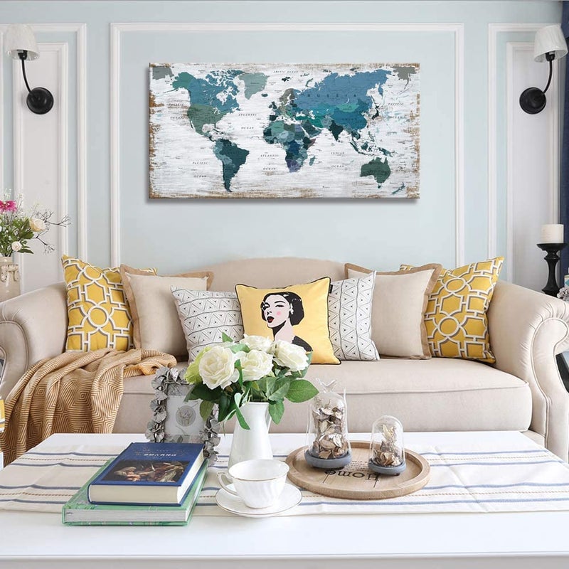ZEYDRT Teal Decor World Map Canvas Wall Art Pictures for Living Room Decoration Blue Wall Decor Office World Map Art Map of the world Picture Framed Artwork for Home Bedroom Decoration 20"x40" - Image 2