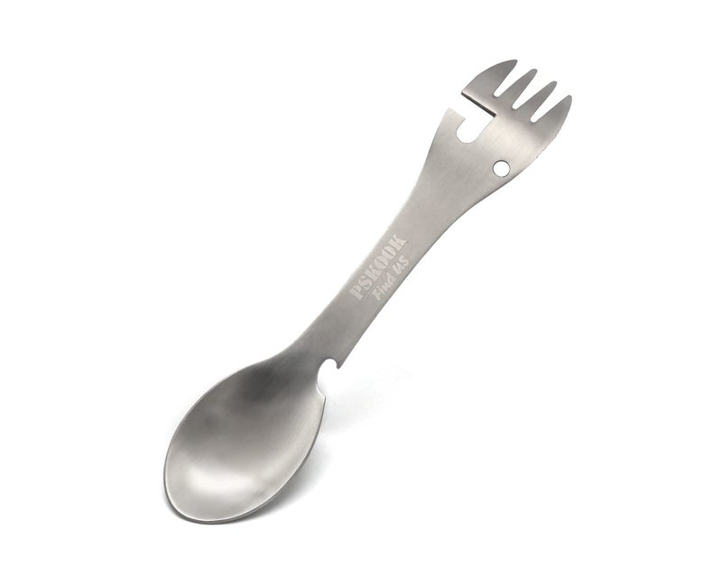 PSKOOK 5in1 Utility Tactical Spork Stainless Steel Spoon  Bottle Opener Fork  Knife Can Opener Combo Camping Utensil for Hiking Camping or Backpacking Matte Silver