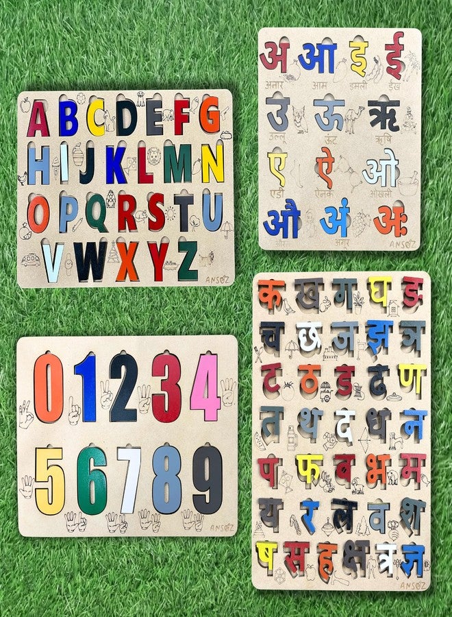 Ansoz Set of 4 Hindi (Vowels & Consonants), Numbers & English Alphabet Wooden Puzzle Boards | Educational Toy for Kids | Colorful Alphabet Learning Boards | - Image 5
