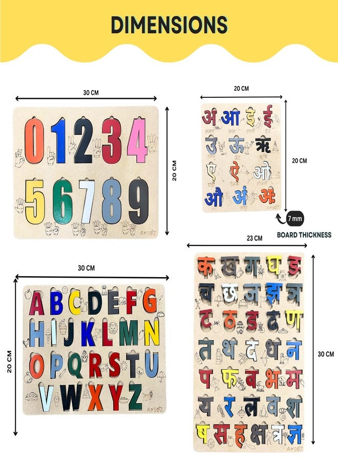 Ansoz Set of 4 Hindi (Vowels & Consonants), Numbers & English Alphabet Wooden Puzzle Boards | Educational Toy for Kids | Colorful Alphabet Learning Boards | - Image 4