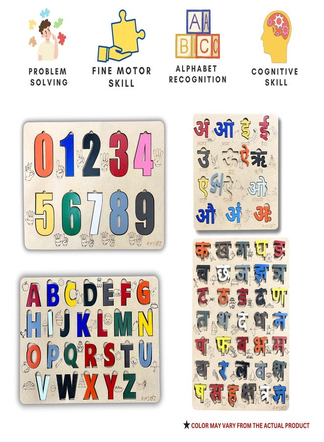 Ansoz Set of 4 Hindi (Vowels & Consonants), Numbers & English Alphabet Wooden Puzzle Boards | Educational Toy for Kids | Colorful Alphabet Learning Boards | - Image 2