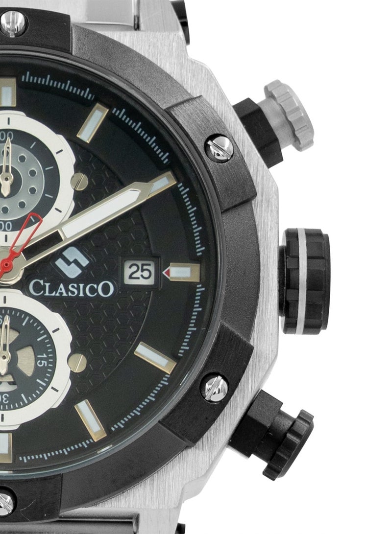 Clasico Vortex 6-Hands Chronograph Watch – Silver Steel Octagon Chronograph Edition with Steel Bracelet – Elite Y121 Calibre Movement – Waterproof Design - Image 3