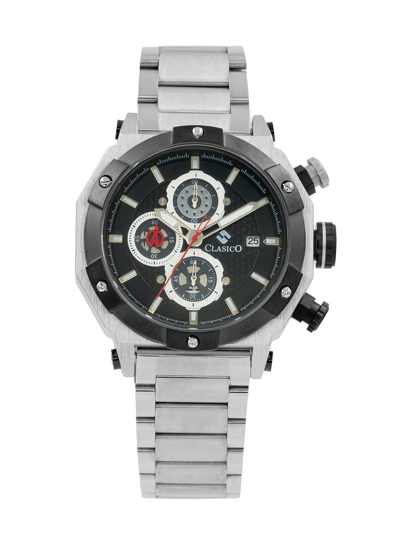 Clasico Vortex 6-Hands Chronograph Watch – Silver Steel Octagon Chronograph Edition with Steel Bracelet – Elite Y121 Calibre Movement – Waterproof Design - Image 1