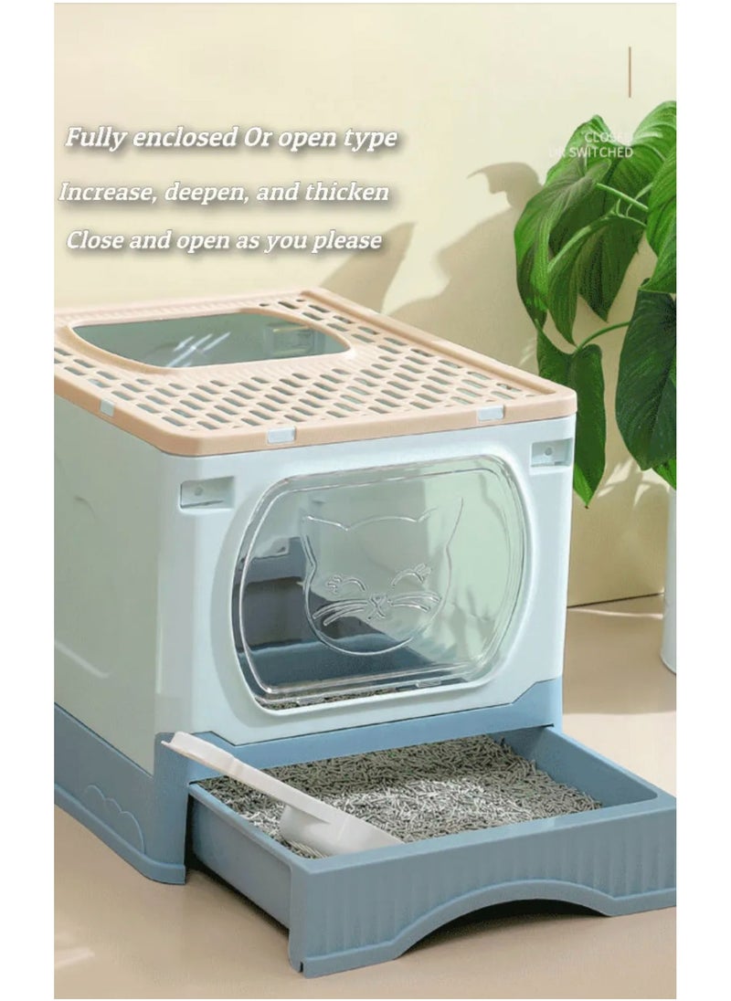 GT-Wheel - Large Foldable Cat Litter Box with Lid and Kitty Litter Scoop Drawer Front Entry & Top Exit Covered Kitten Box - Image 1