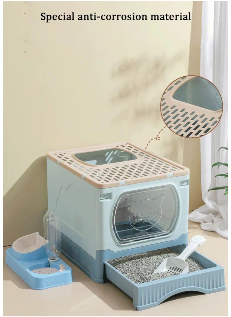 GT-Wheel - Large Foldable Cat Litter Box with Lid and Kitty Litter Scoop Drawer Front Entry & Top Exit Covered Kitten Box - Image 1