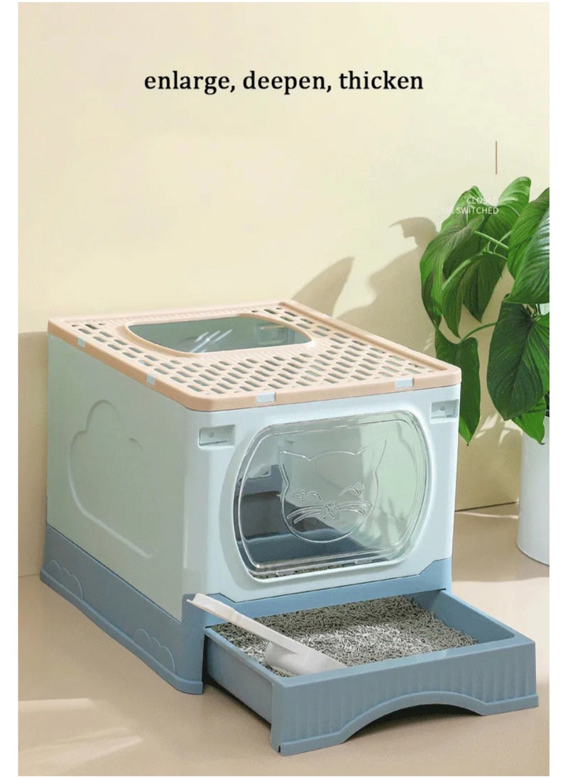 GT-Wheel - Large Foldable Cat Litter Box with Lid and Kitty Litter Scoop Drawer Front Entry & Top Exit Covered Kitten Box - Image 1