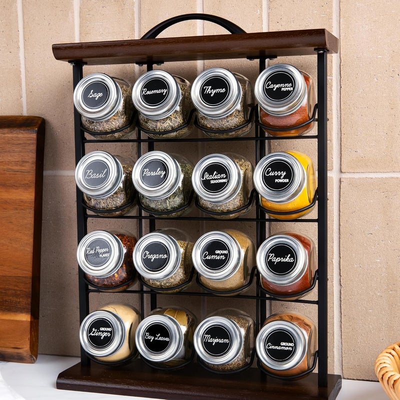 Orii 16 Jar Acacia Wood  Metal Wire Spice Rack with Spices Included Storage for Spices and Seasoning Black  Brown - Image 3